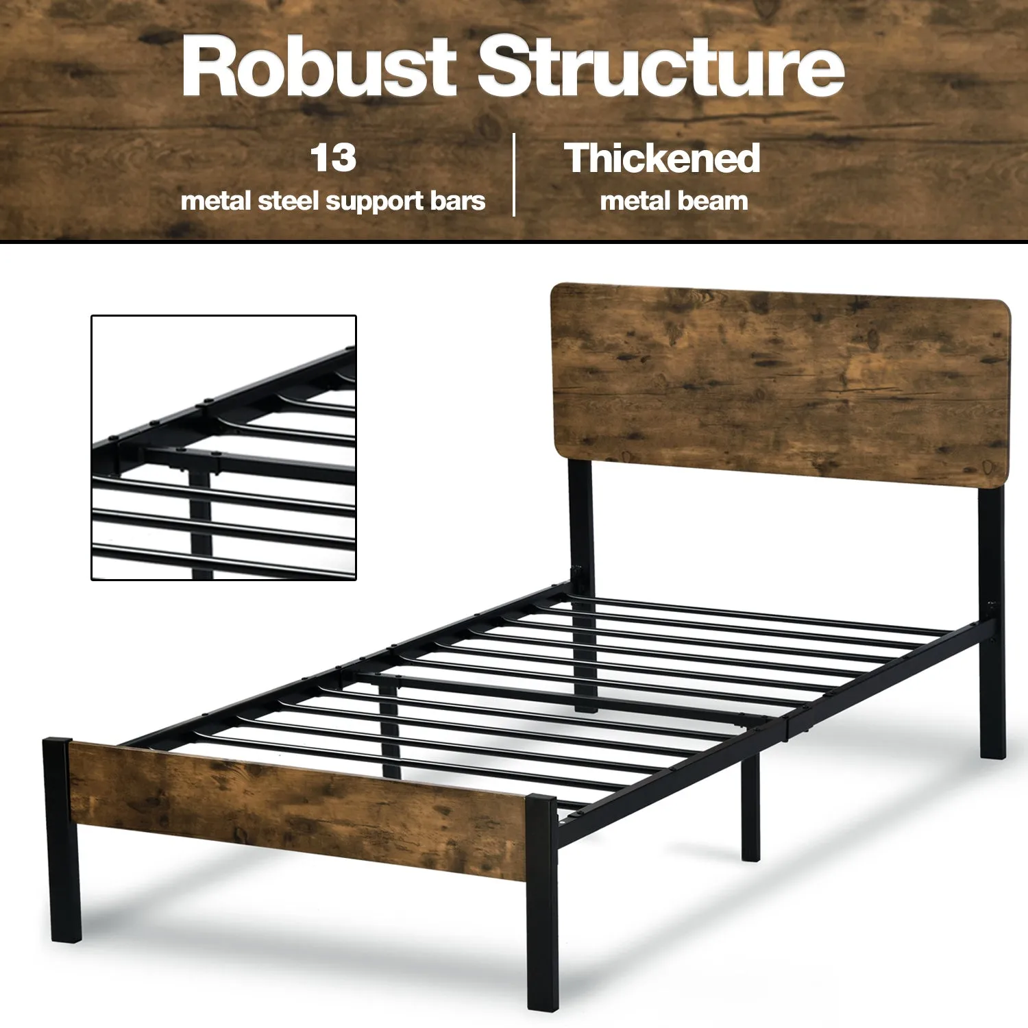 Platform Bed Frame with Wood headboard and Metal Slats/Rustic Country Style Mattress Foundation