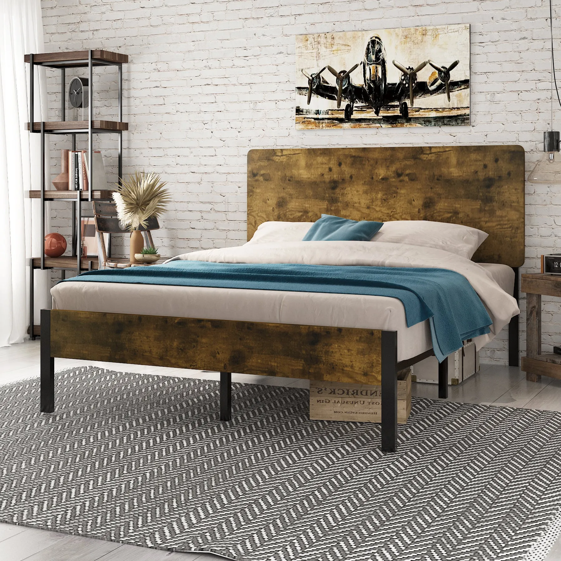 Platform Bed Frame with Wood headboard and Metal Slats/Rustic Country Style Mattress Foundation