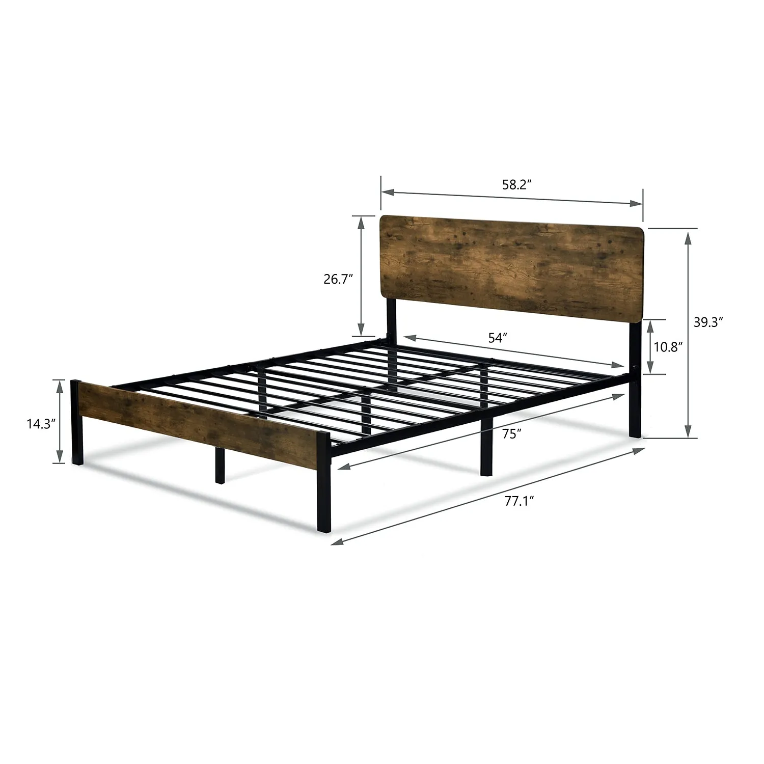 Platform Bed Frame with Wood headboard and Metal Slats/Rustic Country Style Mattress Foundation