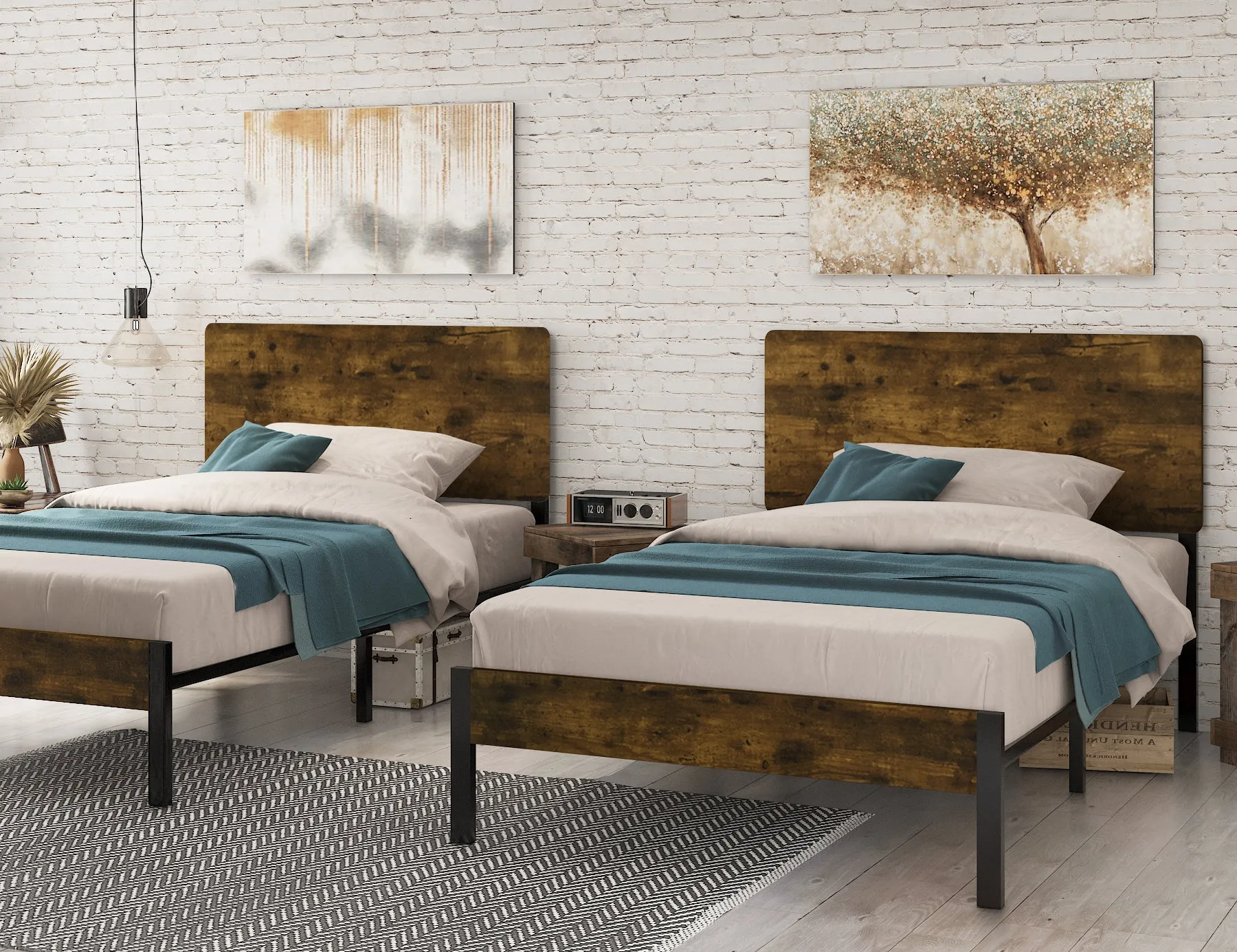 Platform Bed Frame with Wood headboard and Metal Slats/Rustic Country Style Mattress Foundation