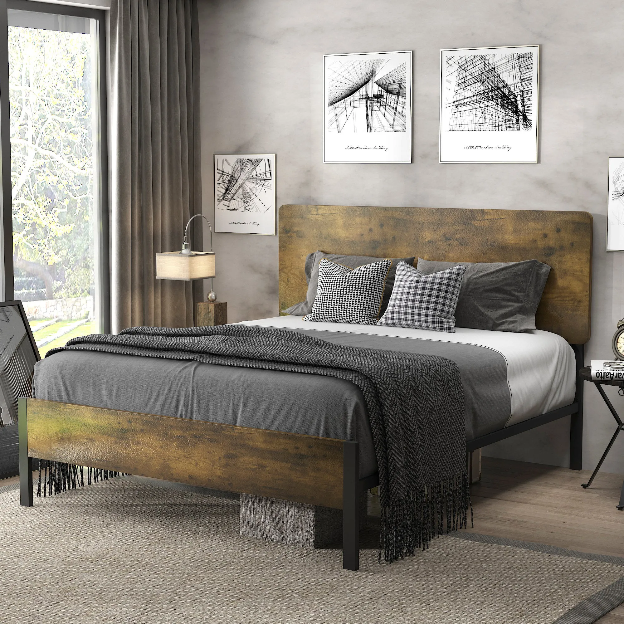 Platform Bed Frame with Wood headboard and Metal Slats/Rustic Country Style Mattress Foundation