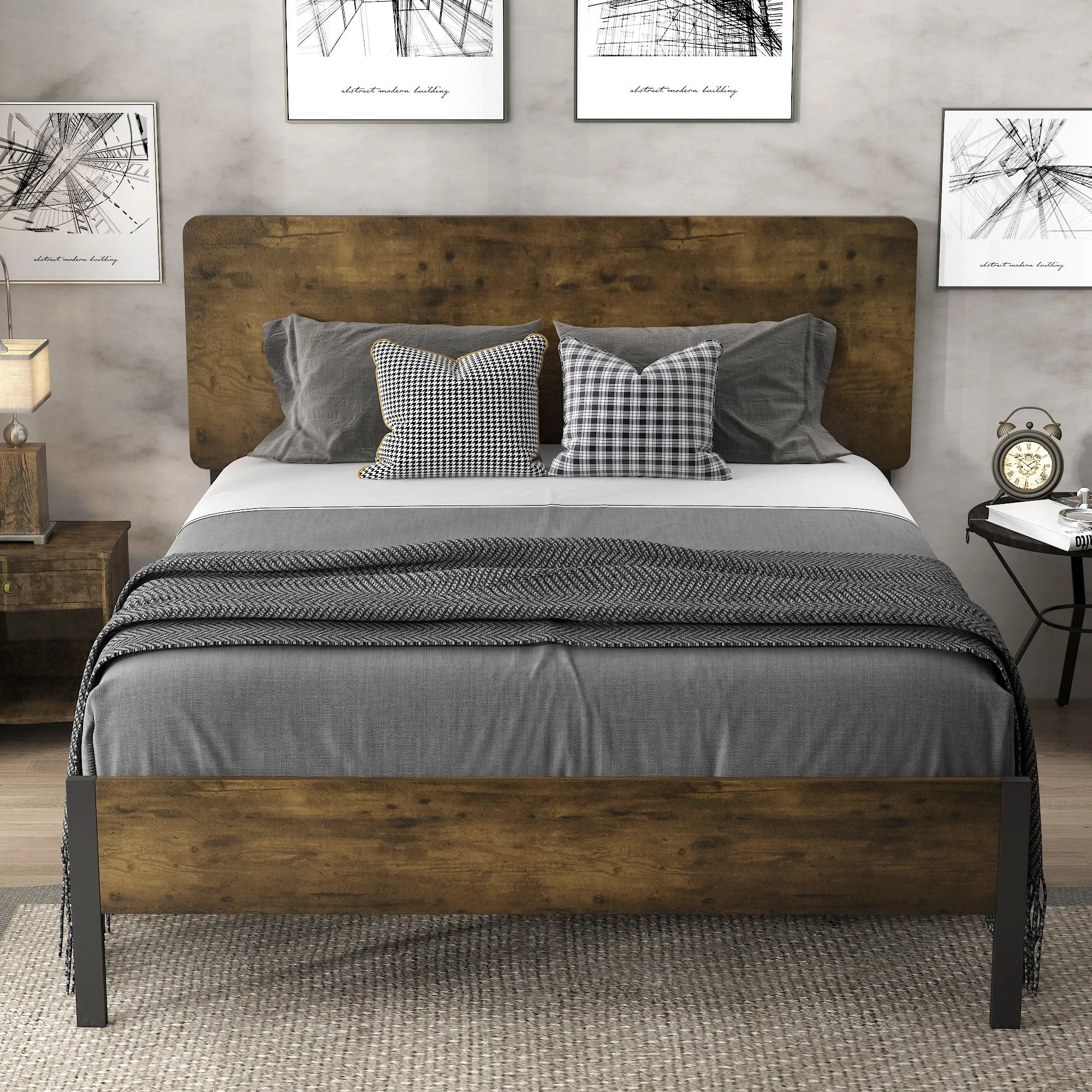 Platform Bed Frame with Wood headboard and Metal Slats/Rustic Country Style Mattress Foundation