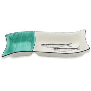 Portuguese Ceramic Divided Serving Dish with Sardine Design and Green Accent