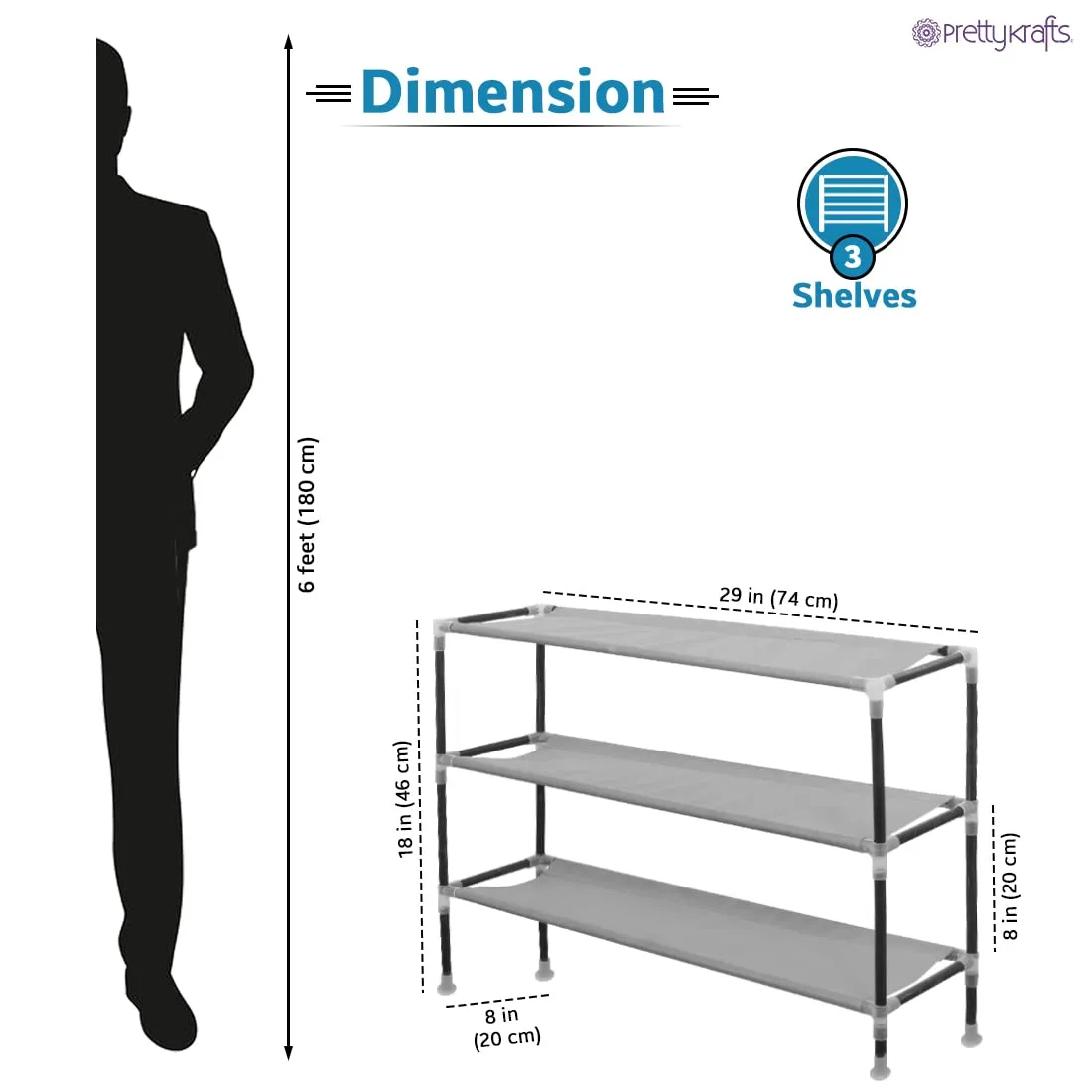 PrettyKrafts 3-Tier Stackable Shoe Rack, Expandable & Adjustable Shoe Organizer Storage Shelf,Collapsible Shoe Rack Without Cover, Grey