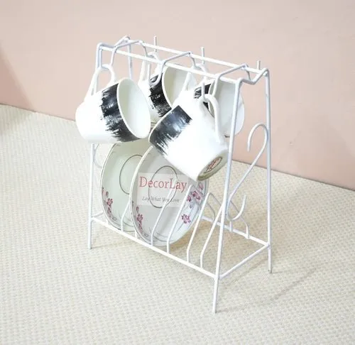 Space Saving Wrought Iron Cup and Saucer Stand Cup Holder White