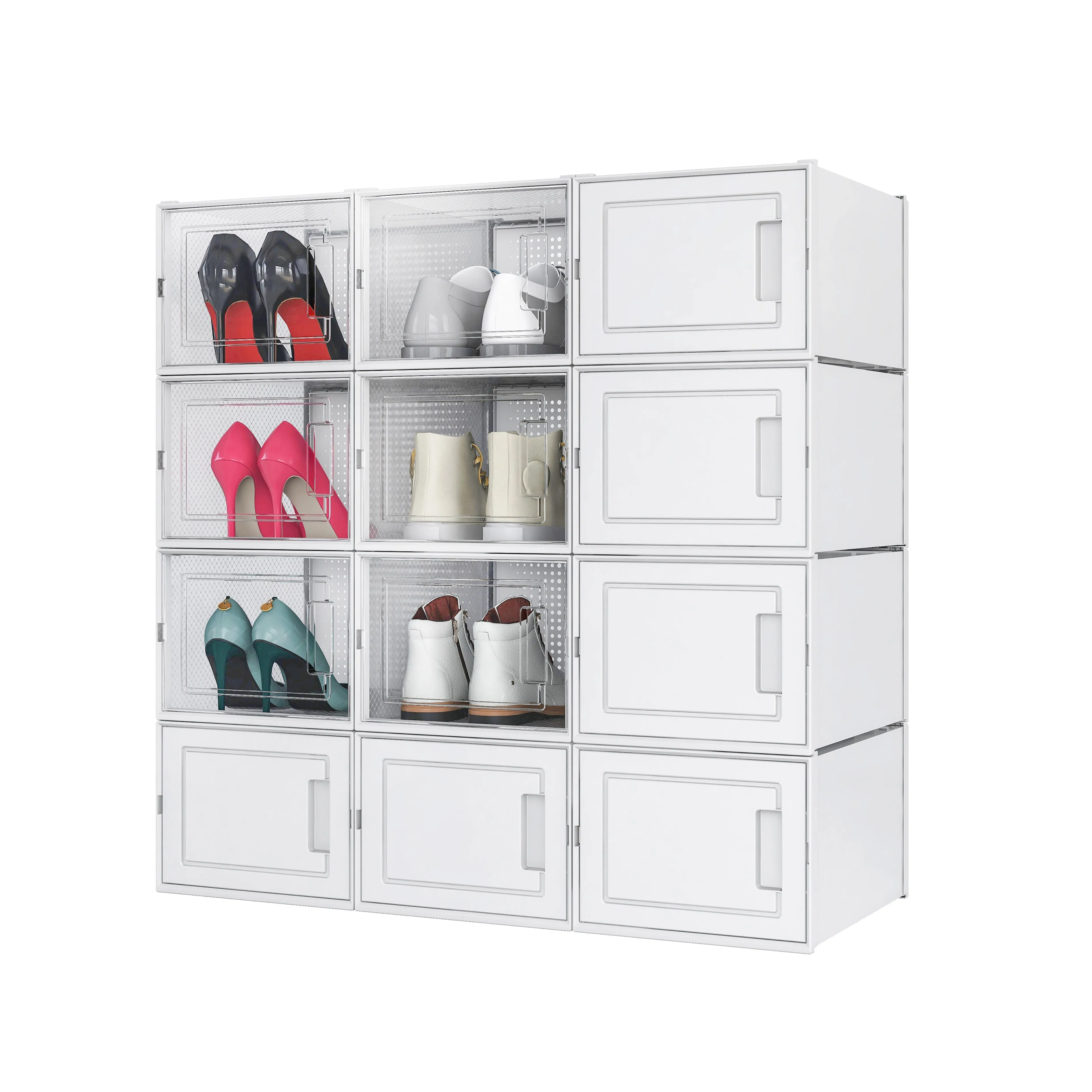 Stackable Shoe Boxes, 12 Plastic Drawers with Door, Transparent White