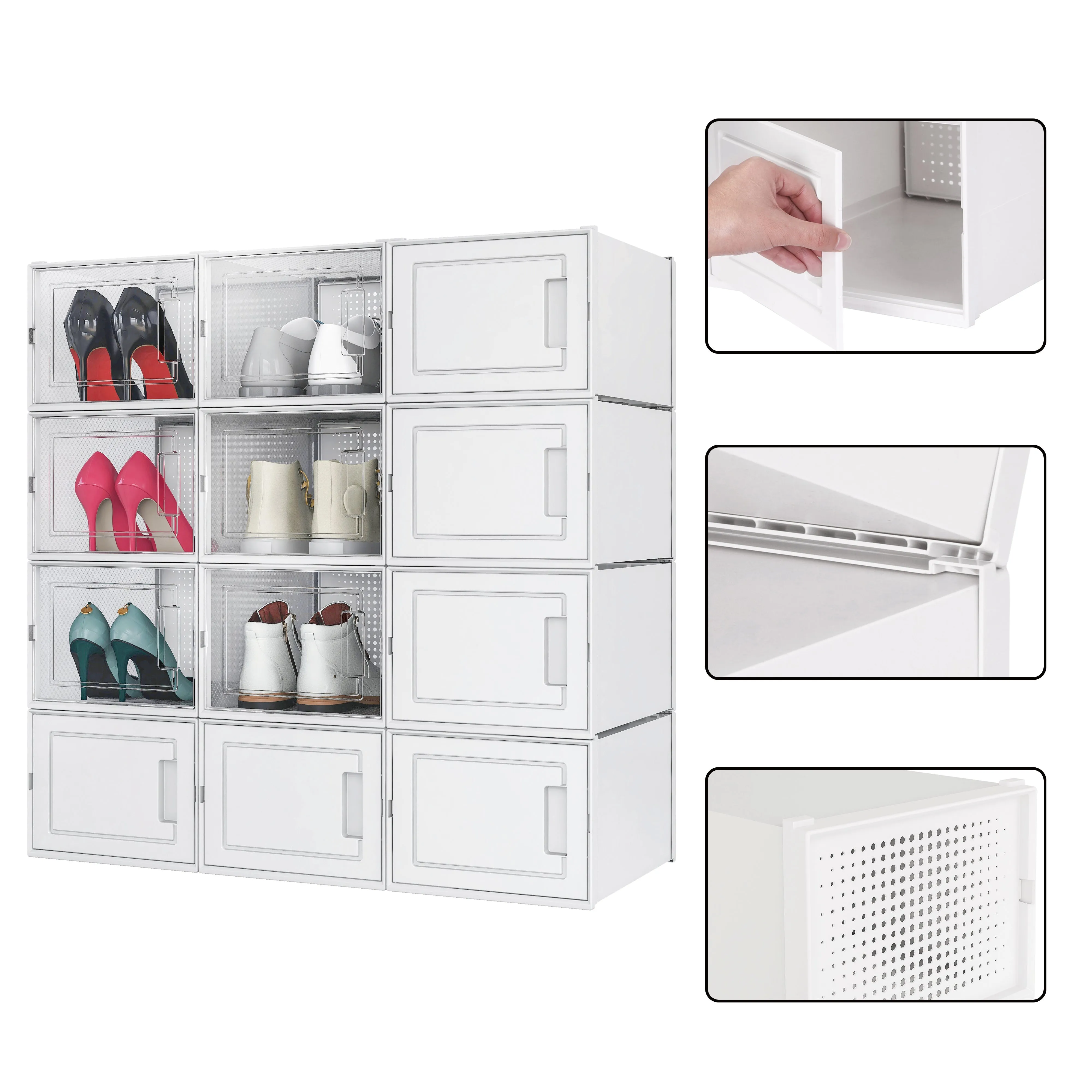 Stackable Shoe Boxes, 12 Plastic Drawers with Door, Transparent White