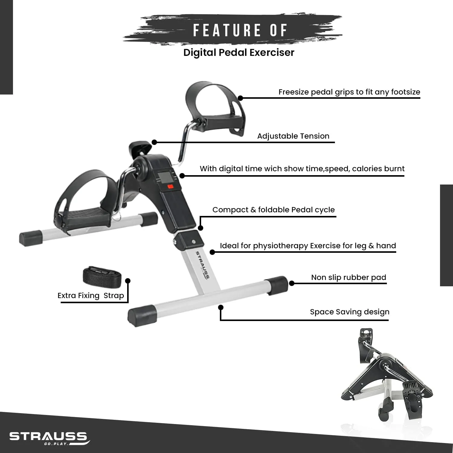 Strauss Digital Pedal Exercise Machine | Mini Fitness Cycle For Home With Fixing Strap | Adjustable Resistance Band & LCD Display | Foldable and Portable | Suitable for Light Exercise of Legs, Arms, & Physiotherapy at Home