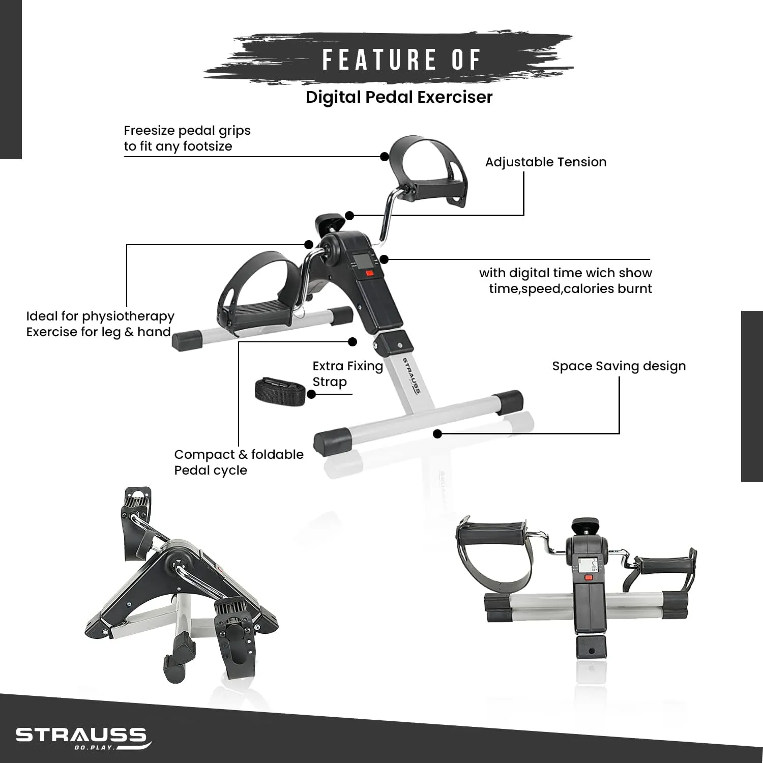 Strauss Digital Pedal Exercise Machine | Mini Fitness Cycle For Home With Fixing Strap | Adjustable Resistance Band & LCD Display | Foldable and Portable | Suitable for Light Exercise of Legs, Arms, & Physiotherapy at Home