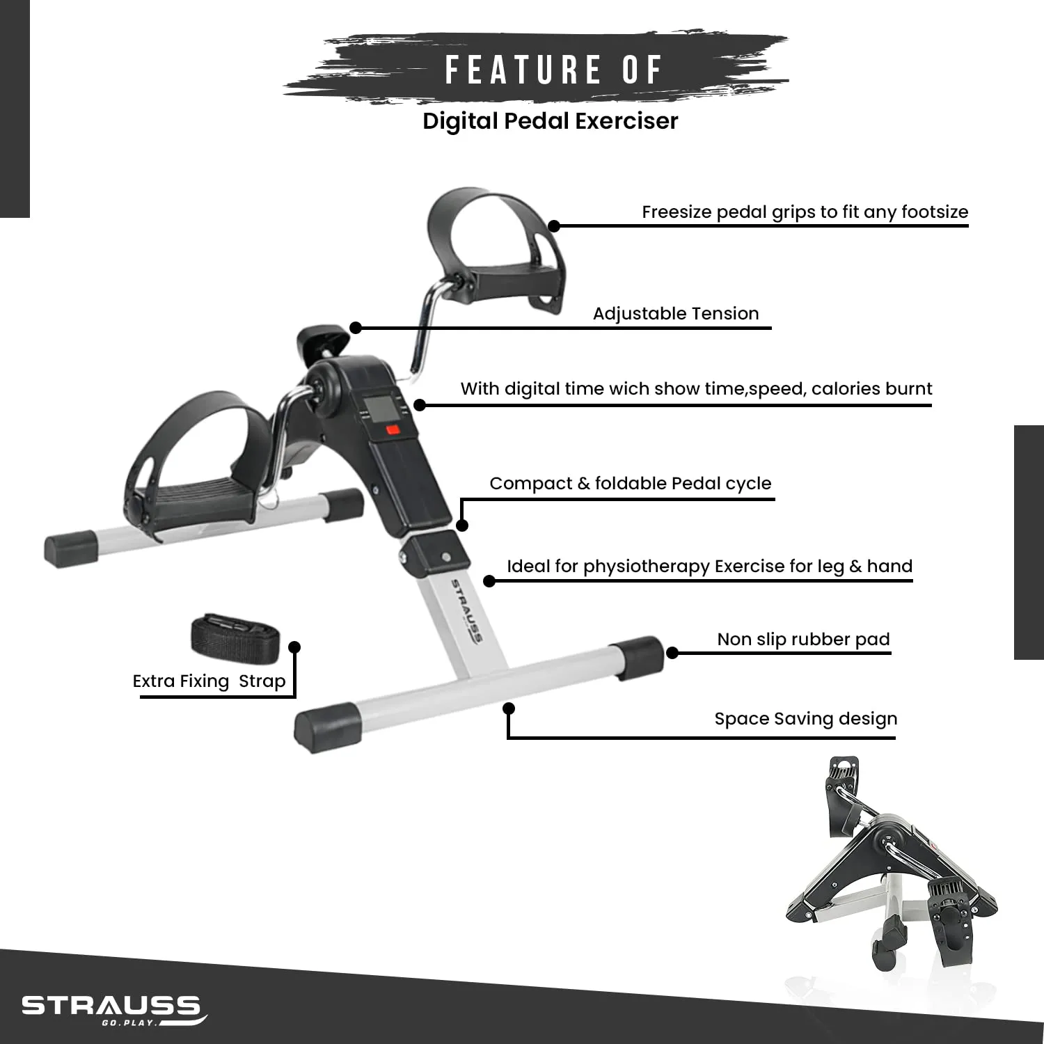 Strauss Digital Pedal Exerciser |Along with Adjustable Resistance and LCD Display | Portable and Foldable Mini Fitness Cycle | Suitable for Light Exercise of Legs & Arms, and Physiotherapy at Home