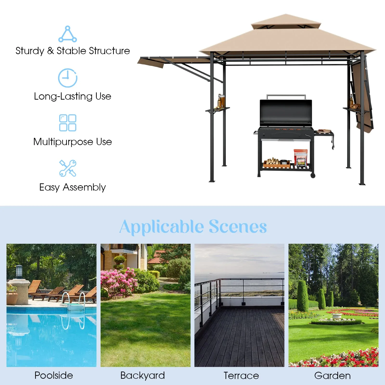 Tangkula 13.5x4 Ft Grill Gazebo with Dual Side Awnings, Double Tier BBQ Gazebo with 2 Side Shelves