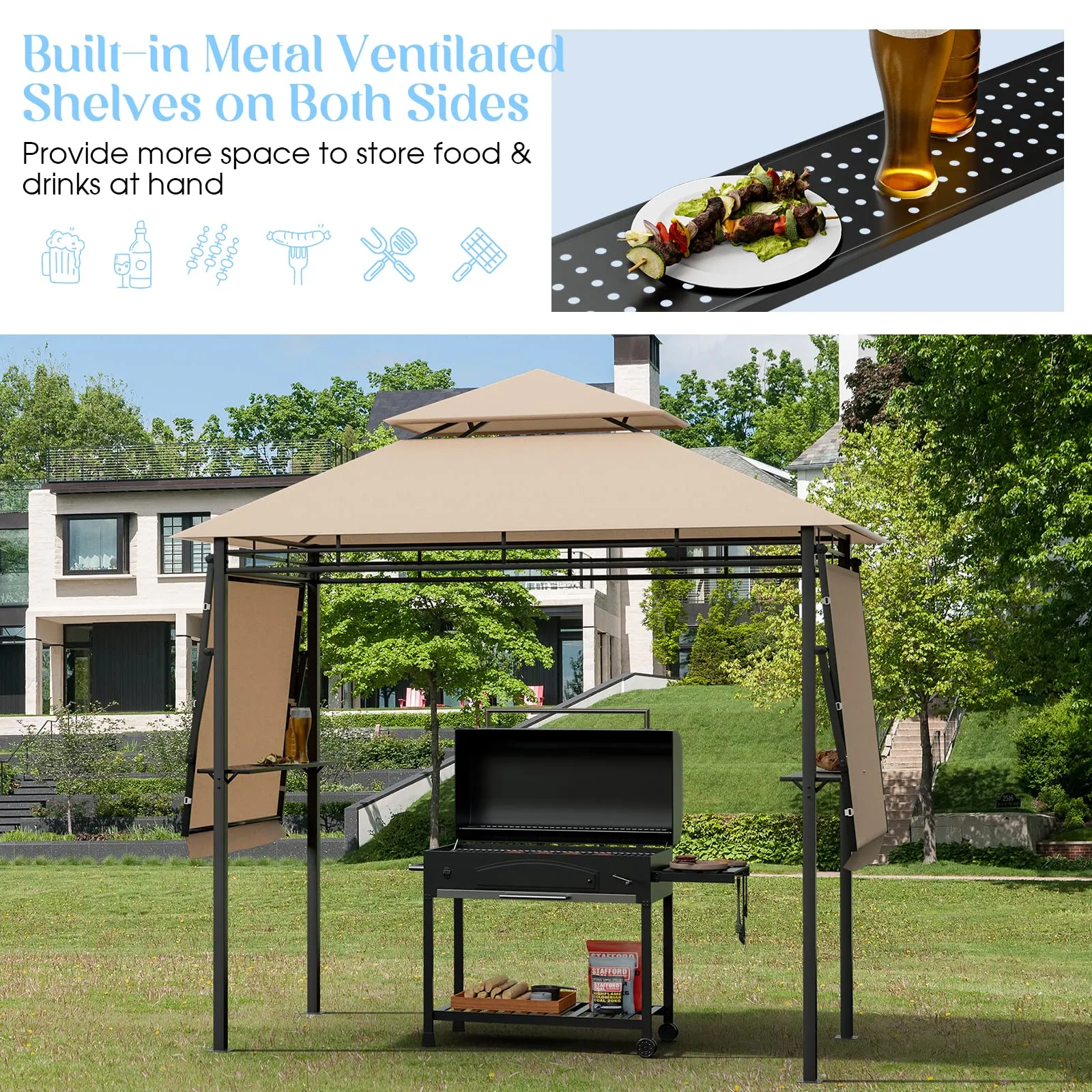 Tangkula 13.5x4 Ft Grill Gazebo with Dual Side Awnings, Double Tier BBQ Gazebo with 2 Side Shelves