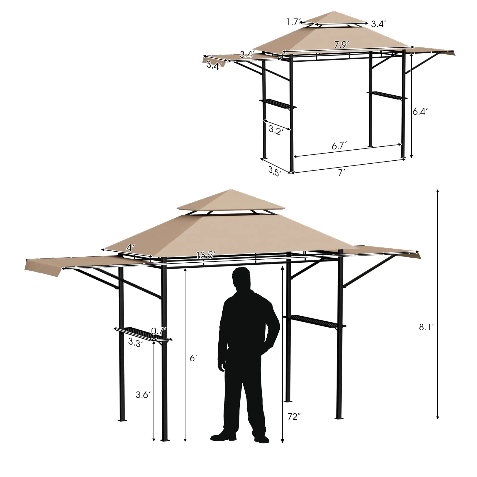 Tangkula 13.5x4 Ft Grill Gazebo with Dual Side Awnings, Double Tier BBQ Gazebo with 2 Side Shelves