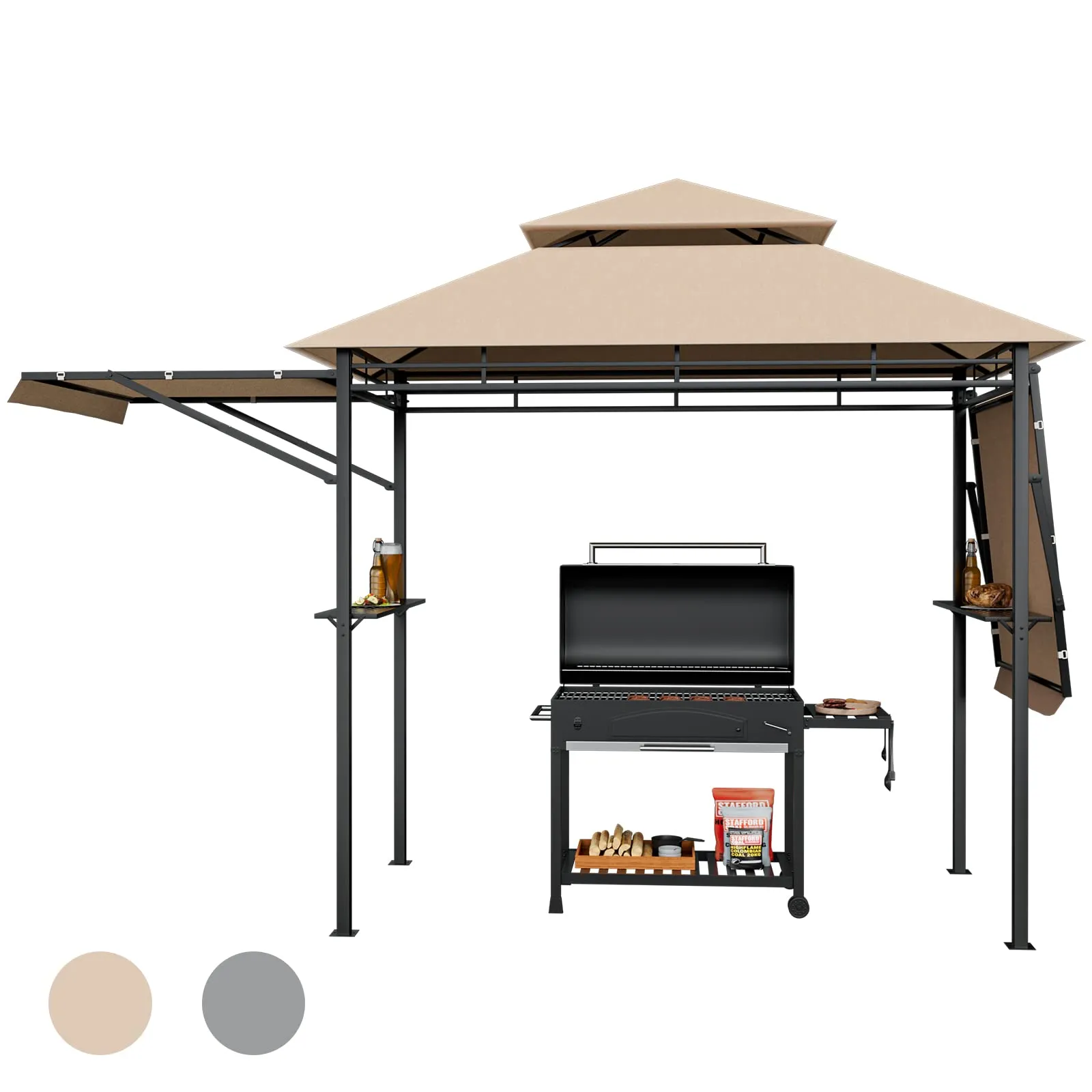 Tangkula 13.5x4 Ft Grill Gazebo with Dual Side Awnings, Double Tier BBQ Gazebo with 2 Side Shelves