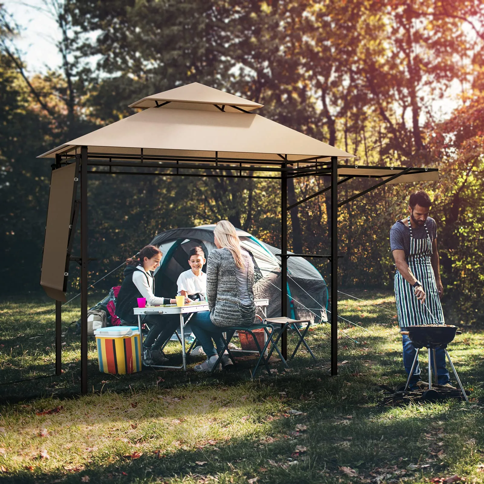 Tangkula 13.5x4 Ft Grill Gazebo with Dual Side Awnings, Double Tier BBQ Gazebo with 2 Side Shelves