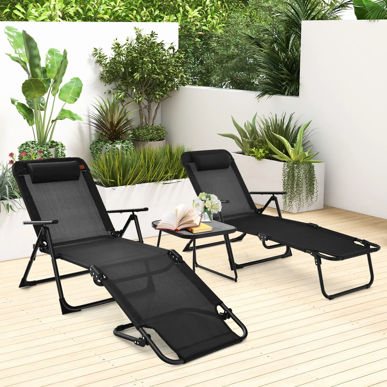 Tangkula 3-Piece Folding Outdoor Chaise Lounge Chair Set, 2 Recliner Chairs & 1 Patio Bistro Table