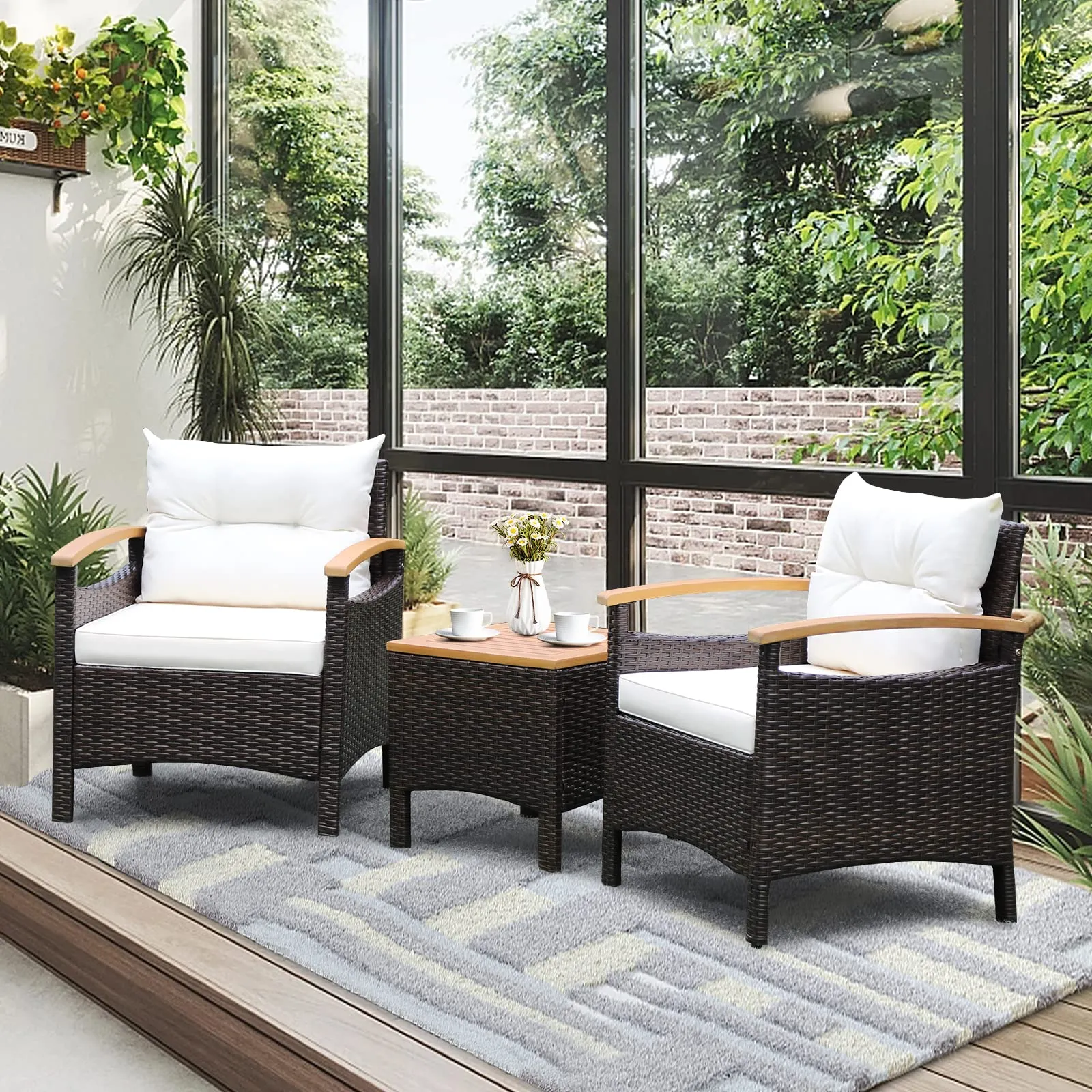 Tangkula 3-Piece Patio Furniture Set, Patiojoy Outdoor Rattan Sofa Set with Coffee Table, Patio Conversation Set with Removable Cushion