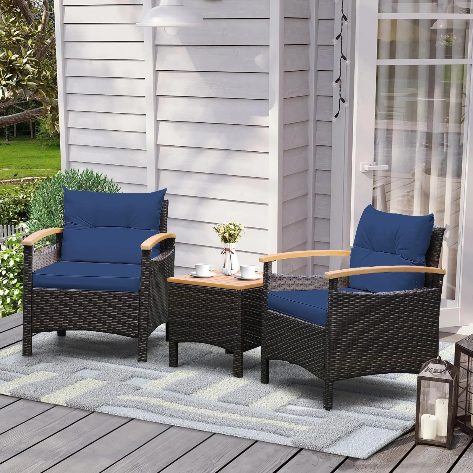 Tangkula 3-Piece Patio Furniture Set, Patiojoy Outdoor Rattan Sofa Set with Coffee Table, Patio Conversation Set with Removable Cushion