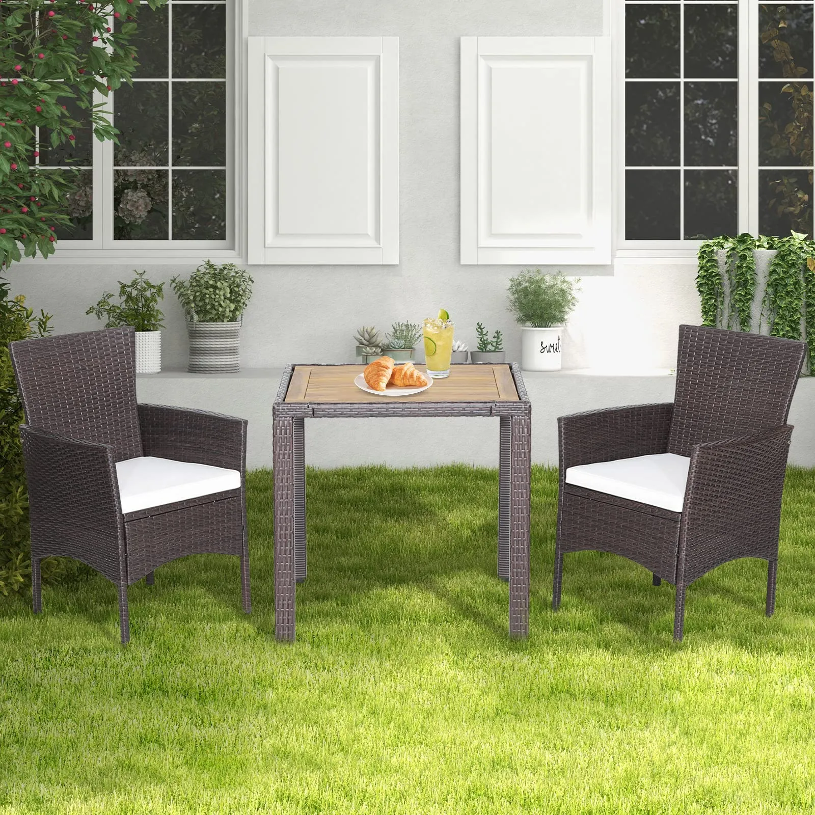 Tangkula 3 Pieces Patio Furniture Set, Outdoor Mix Brown Wicker Dining Set