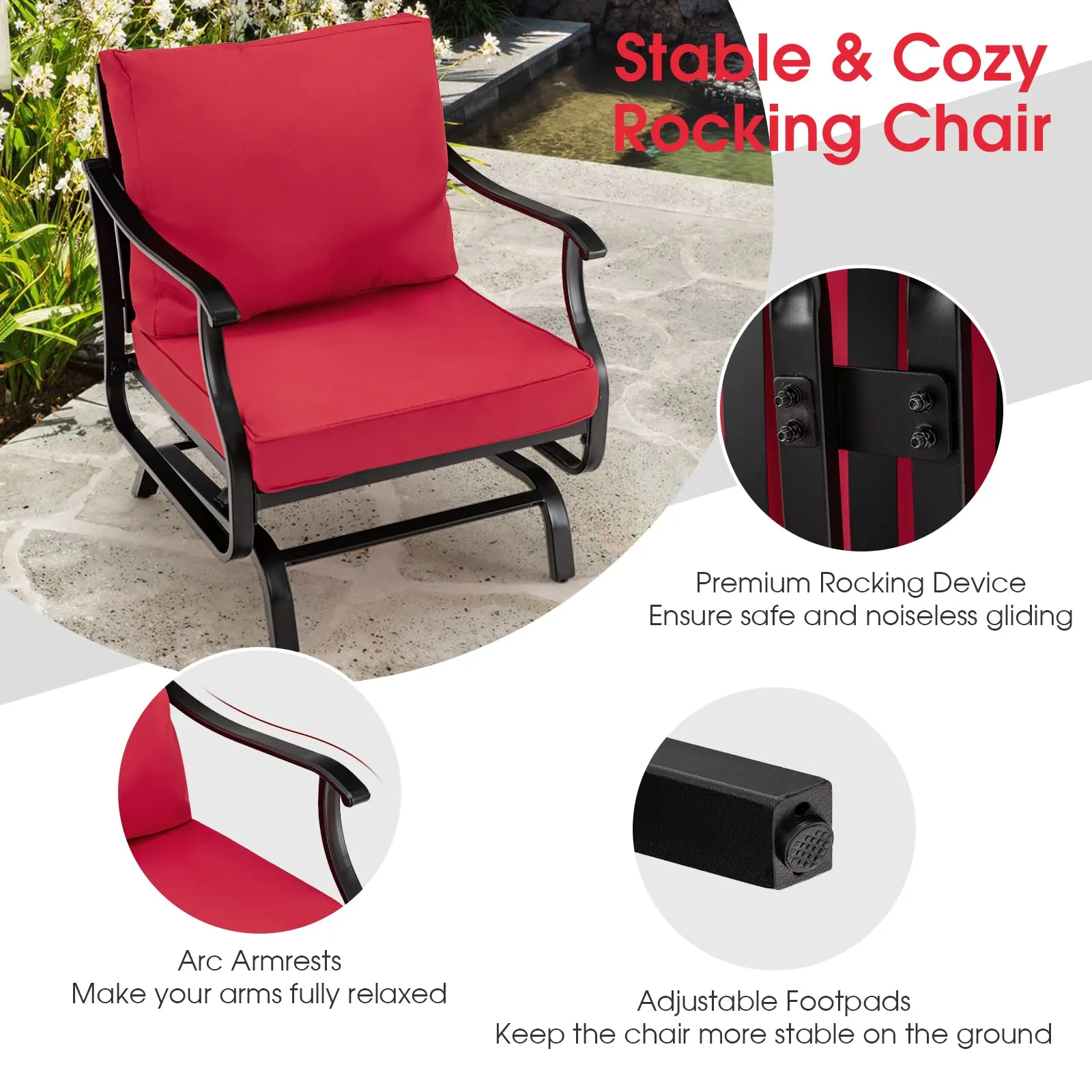 Tangkula 3 Pieces Patio Rocking Chair Set W/Coffee Table Set, Seat & Back Cushions Included (Red)