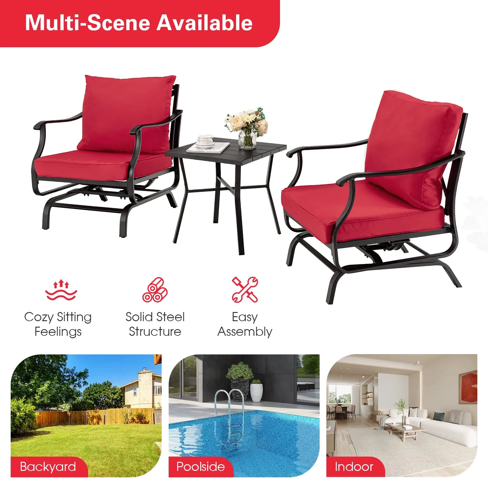 Tangkula 3 Pieces Patio Rocking Chair Set W/Coffee Table Set, Seat & Back Cushions Included (Red)