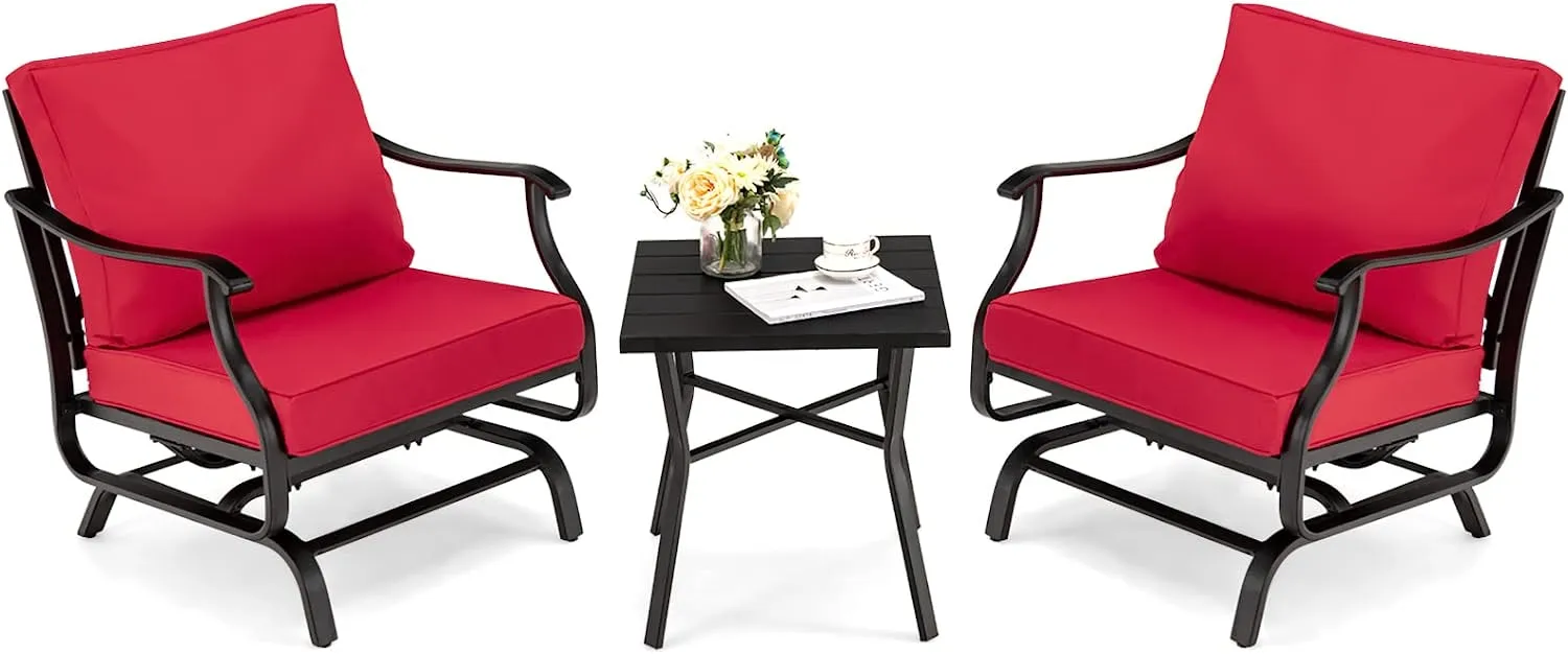 Tangkula 3 Pieces Patio Rocking Chair Set W/Coffee Table Set, Seat & Back Cushions Included (Red)