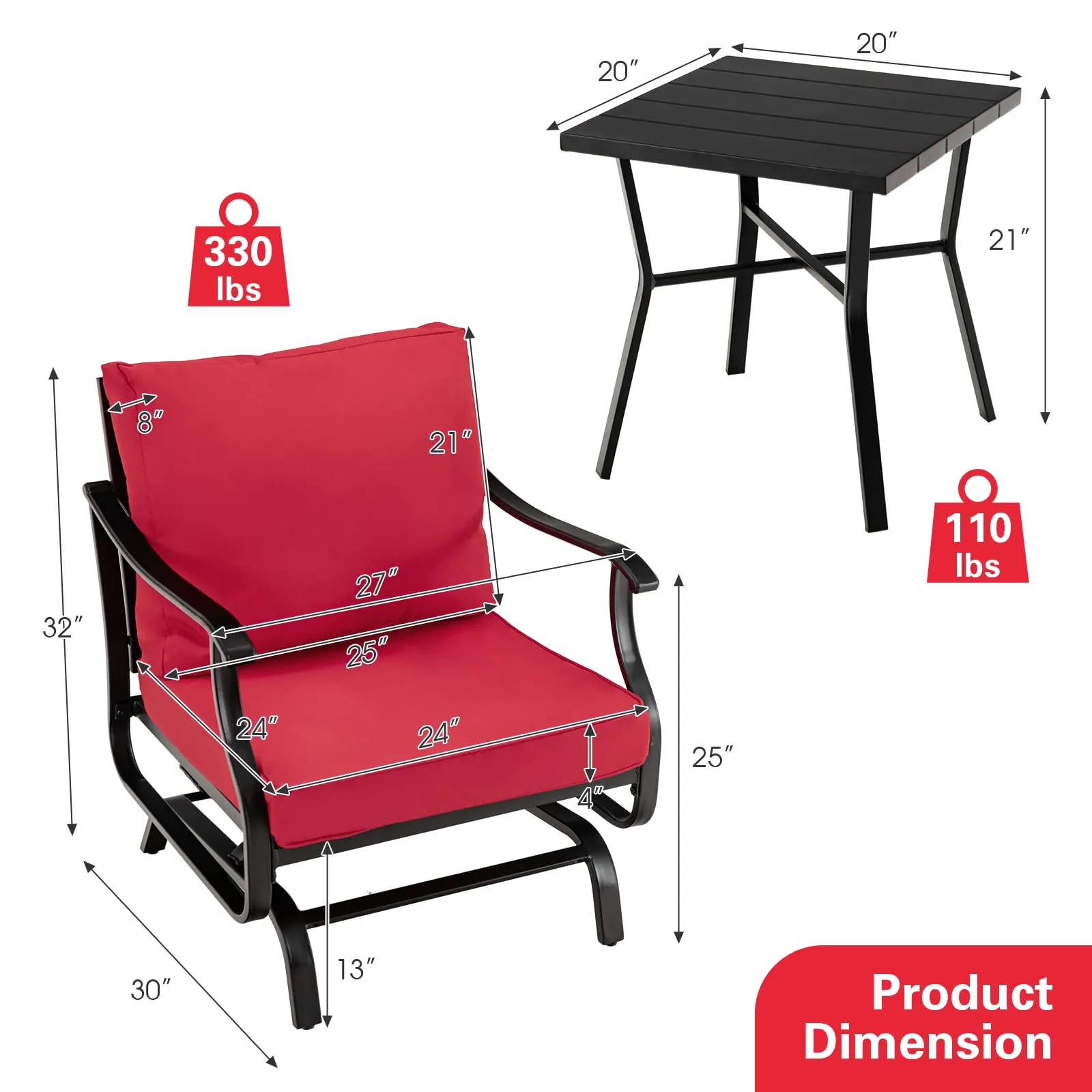 Tangkula 3 Pieces Patio Rocking Chair Set W/Coffee Table Set, Seat & Back Cushions Included (Red)