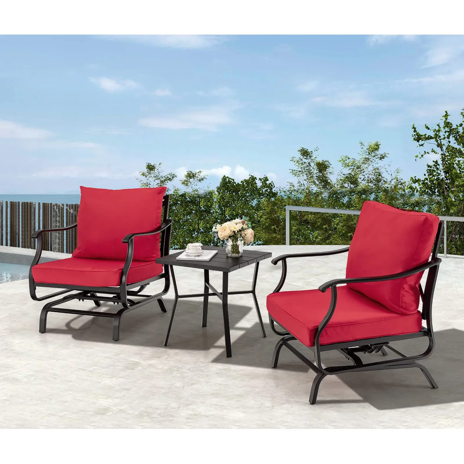 Tangkula 3 Pieces Patio Rocking Chair Set W/Coffee Table Set, Seat & Back Cushions Included (Red)