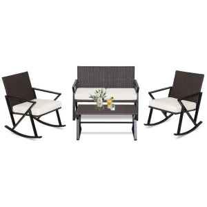 Tangkula 4 Piece Patio Rocking Furniture Set, Patiojoy PE Wicker Loveseat with 2 Rocking Chairs & 1 Coffee Table