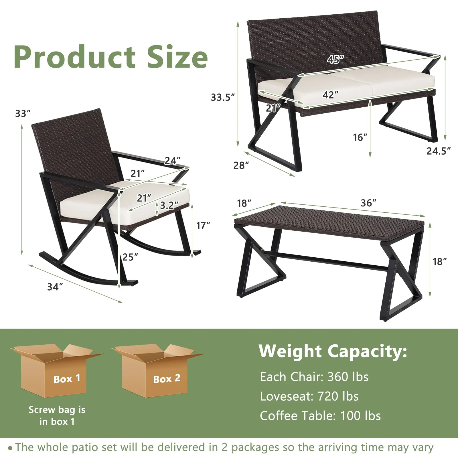 Tangkula 4 Piece Patio Rocking Furniture Set, Patiojoy PE Wicker Loveseat with 2 Rocking Chairs & 1 Coffee Table