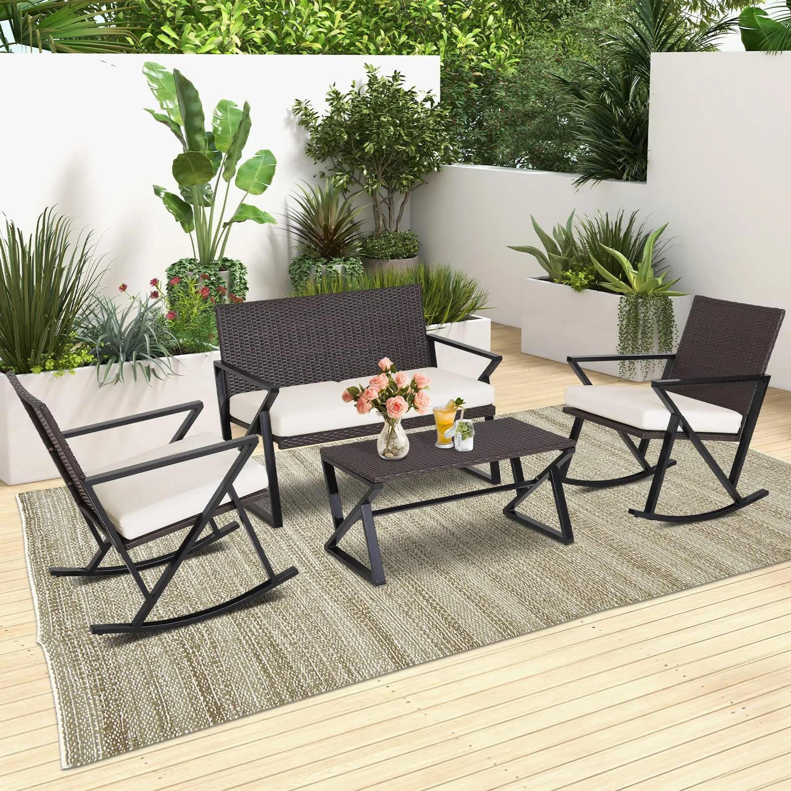 Tangkula 4 Piece Patio Rocking Furniture Set, Patiojoy PE Wicker Loveseat with 2 Rocking Chairs & 1 Coffee Table