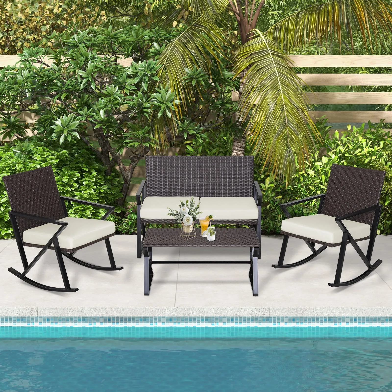 Tangkula 4 Piece Patio Rocking Furniture Set, Patiojoy PE Wicker Loveseat with 2 Rocking Chairs & 1 Coffee Table