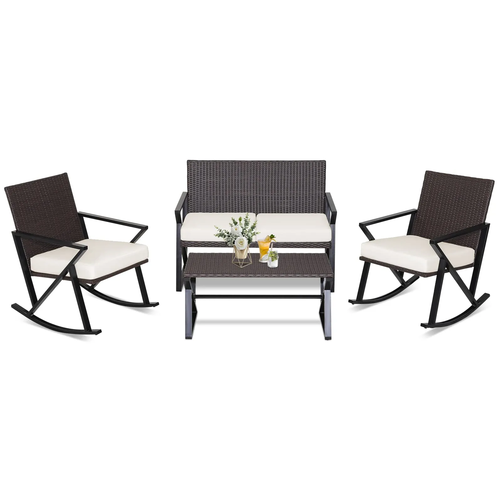 Tangkula 4 Piece Patio Rocking Furniture Set, Patiojoy PE Wicker Loveseat with 2 Rocking Chairs & 1 Coffee Table