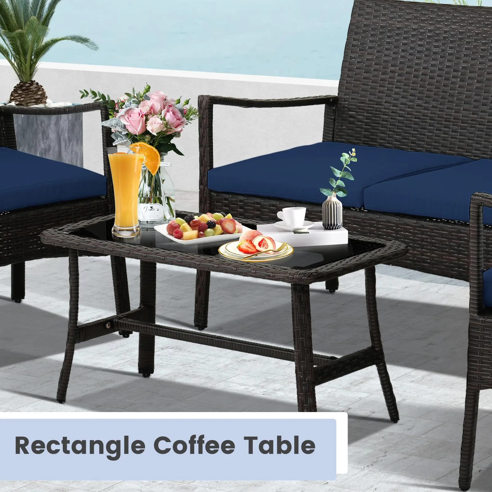 Tangkula 4 Pieces Outdoor Conversation Set, Patio PE Wicker Sofa with Tempered Glass Coffee Table