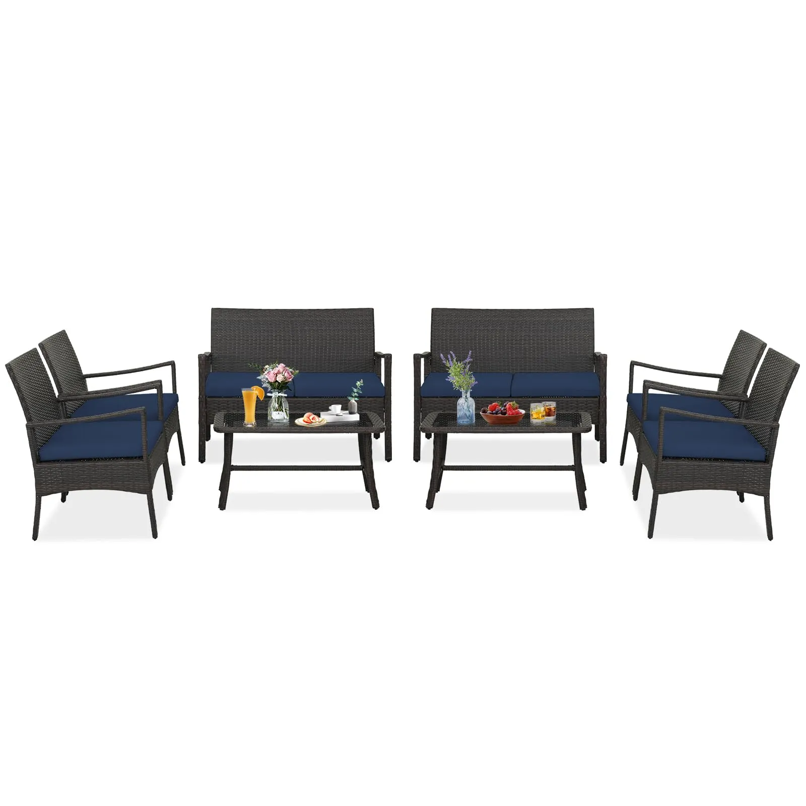 Tangkula 4 Pieces Outdoor Conversation Set, Patio PE Wicker Sofa with Tempered Glass Coffee Table