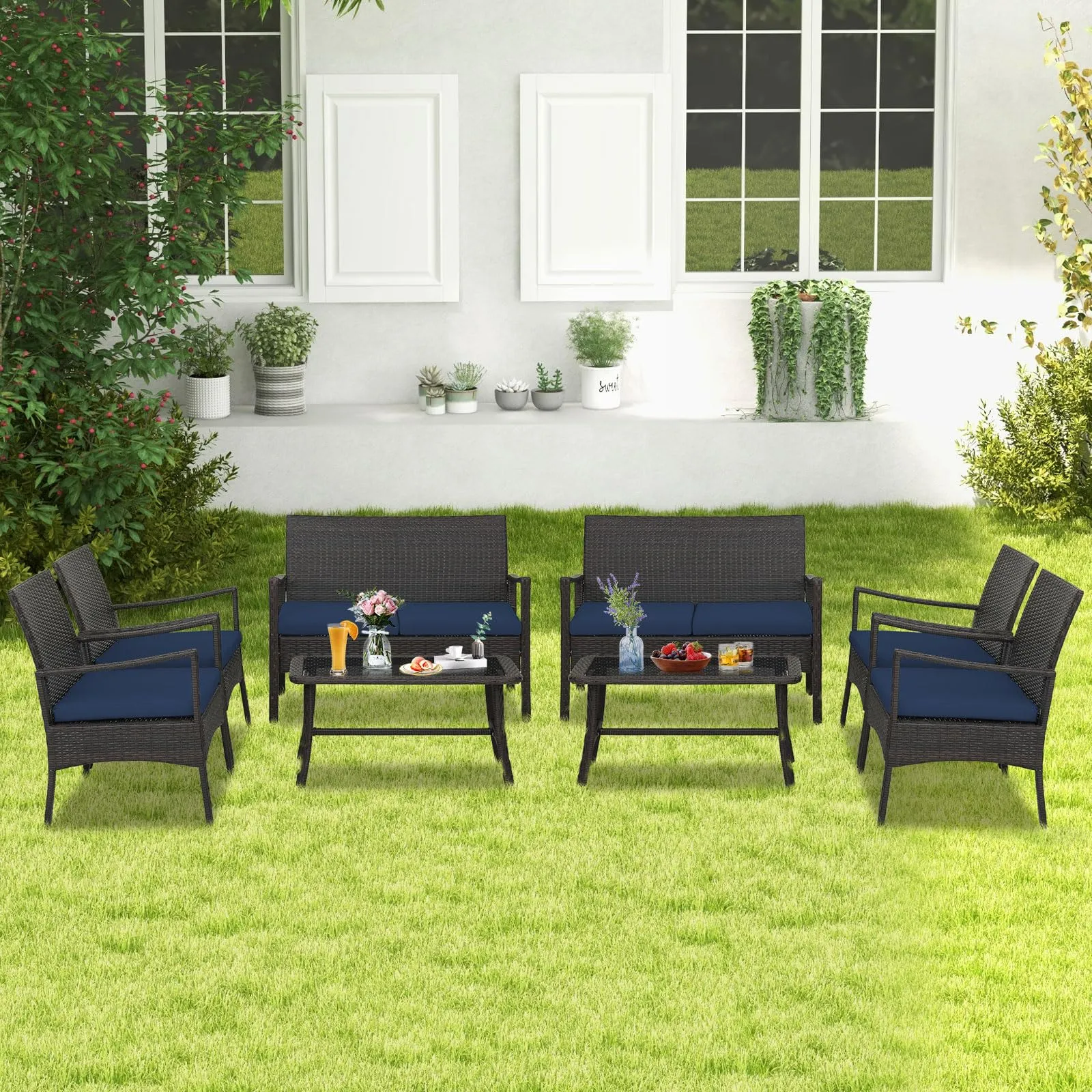 Tangkula 4 Pieces Outdoor Conversation Set, Patio PE Wicker Sofa with Tempered Glass Coffee Table