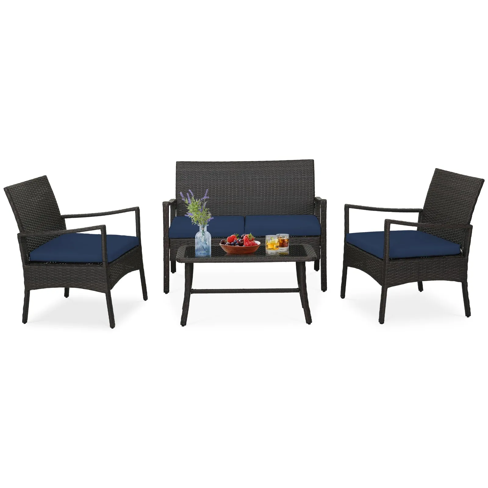 Tangkula 4 Pieces Outdoor Conversation Set, Patio PE Wicker Sofa with Tempered Glass Coffee Table