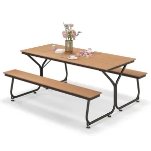 Tangkula 6 FT Picnic Table Bench Set, Outdoor Dining Table & 2 Benches with Heavy-Duty Metal Frame & All-Weather HDPE Tabletop