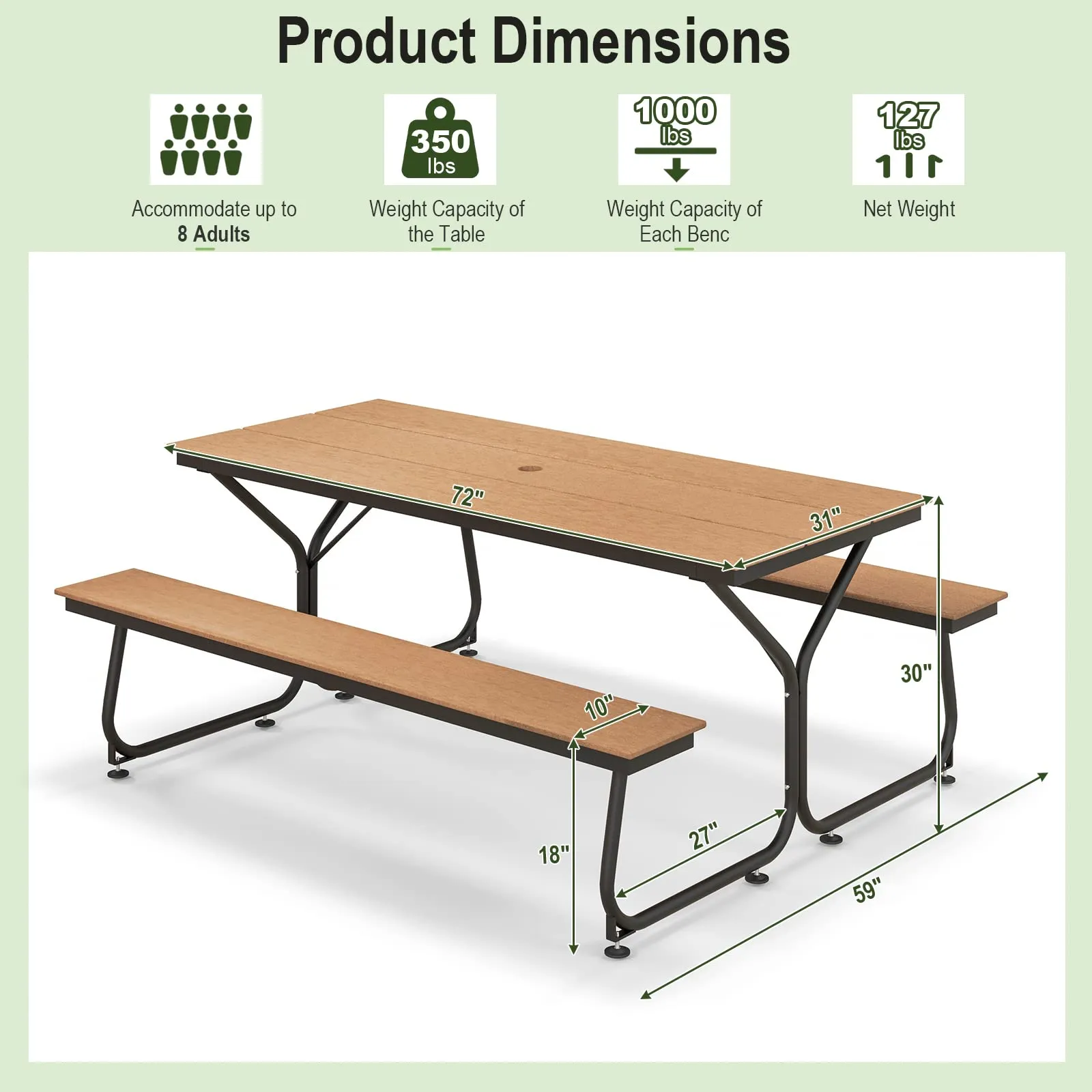 Tangkula 6 FT Picnic Table Bench Set, Outdoor Dining Table & 2 Benches with Heavy-Duty Metal Frame & All-Weather HDPE Tabletop