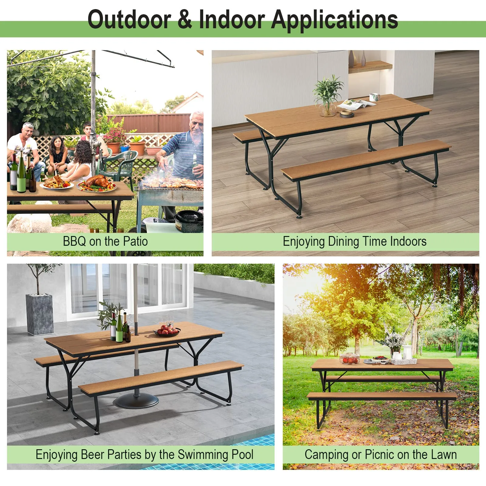 Tangkula 6 FT Picnic Table Bench Set, Outdoor Dining Table & 2 Benches with Heavy-Duty Metal Frame & All-Weather HDPE Tabletop