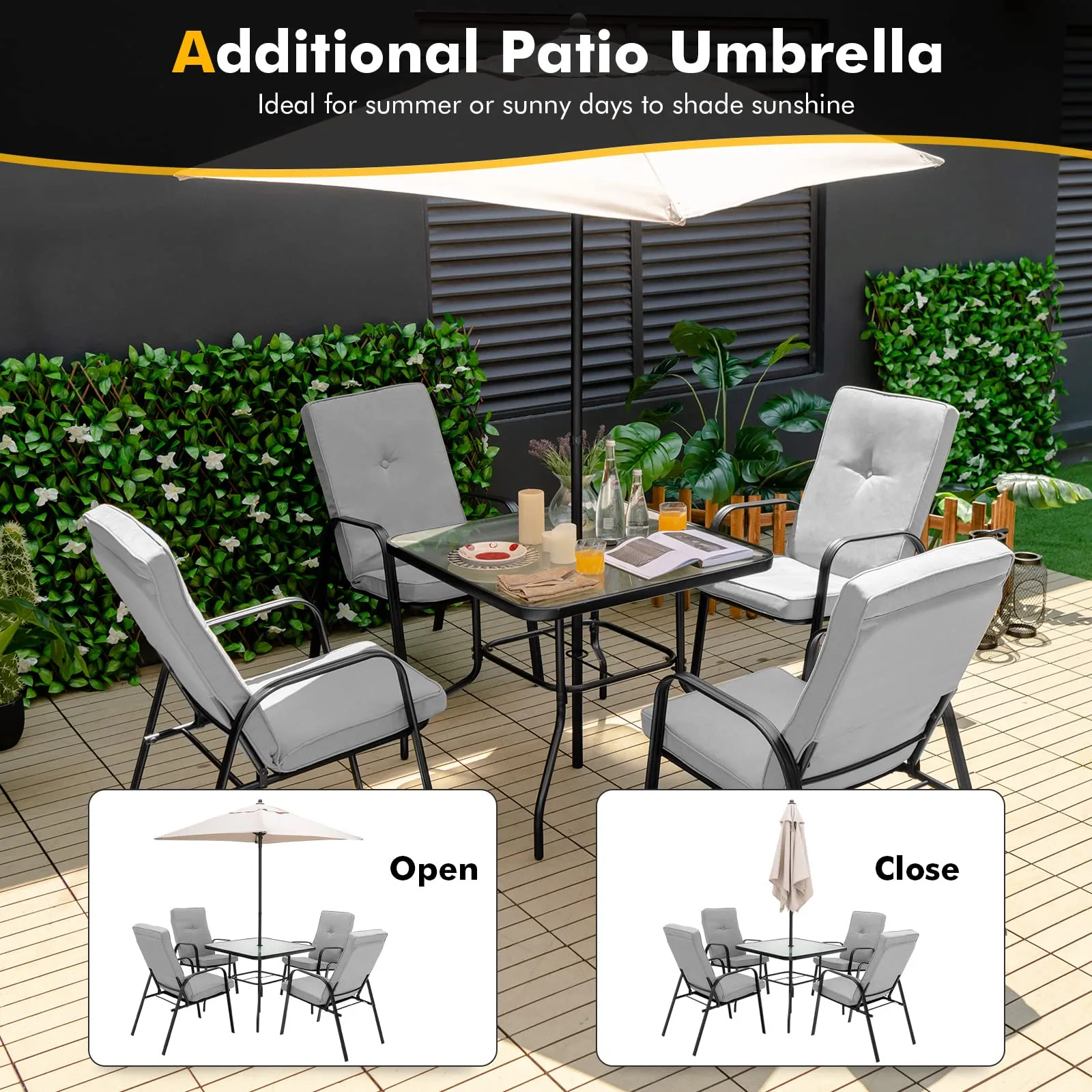 Tangkula 6 Pieces Patio Dining Set w/Umbrella, 35 Inches Square Steel Tempered Glass Table (Grey)