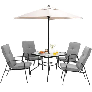 Tangkula 6 Pieces Patio Dining Set w/Umbrella, 35 Inches Square Steel Tempered Glass Table (Grey)