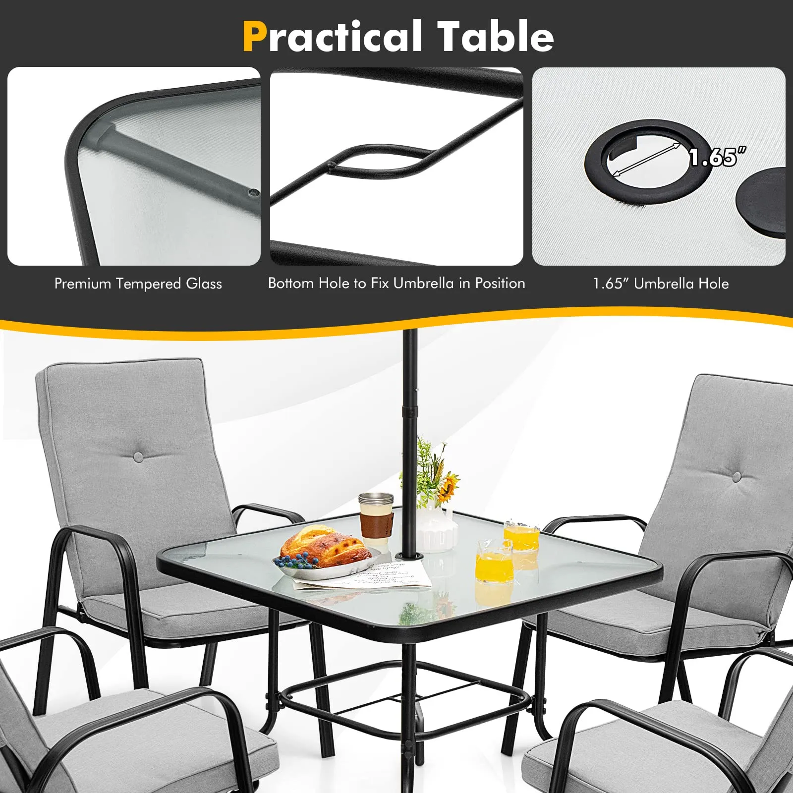 Tangkula 6 Pieces Patio Dining Set w/Umbrella, 35 Inches Square Steel Tempered Glass Table (Grey)