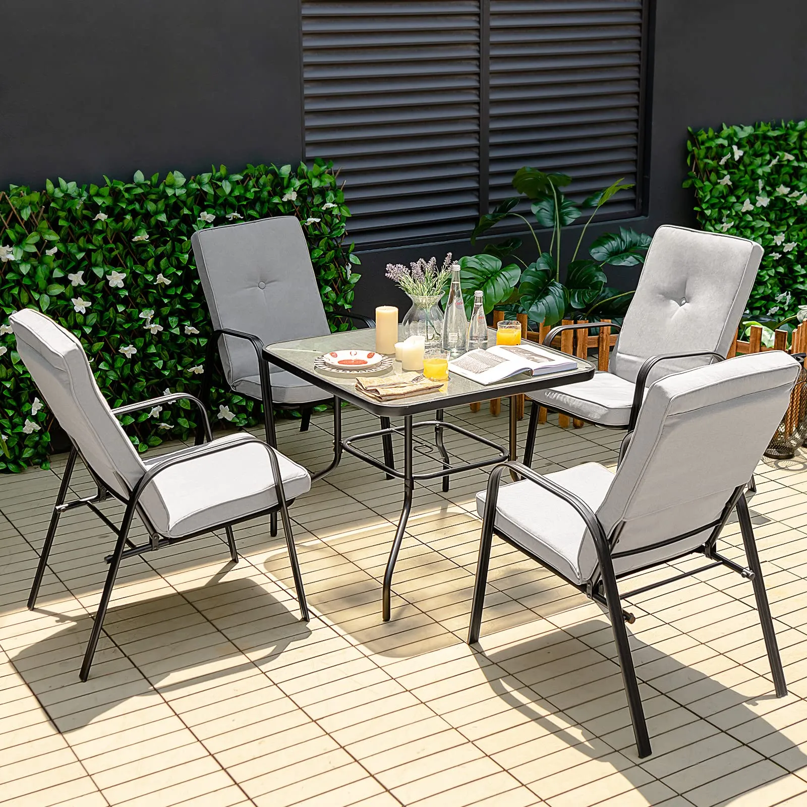 Tangkula 6 Pieces Patio Dining Set w/Umbrella, 35 Inches Square Steel Tempered Glass Table (Grey)