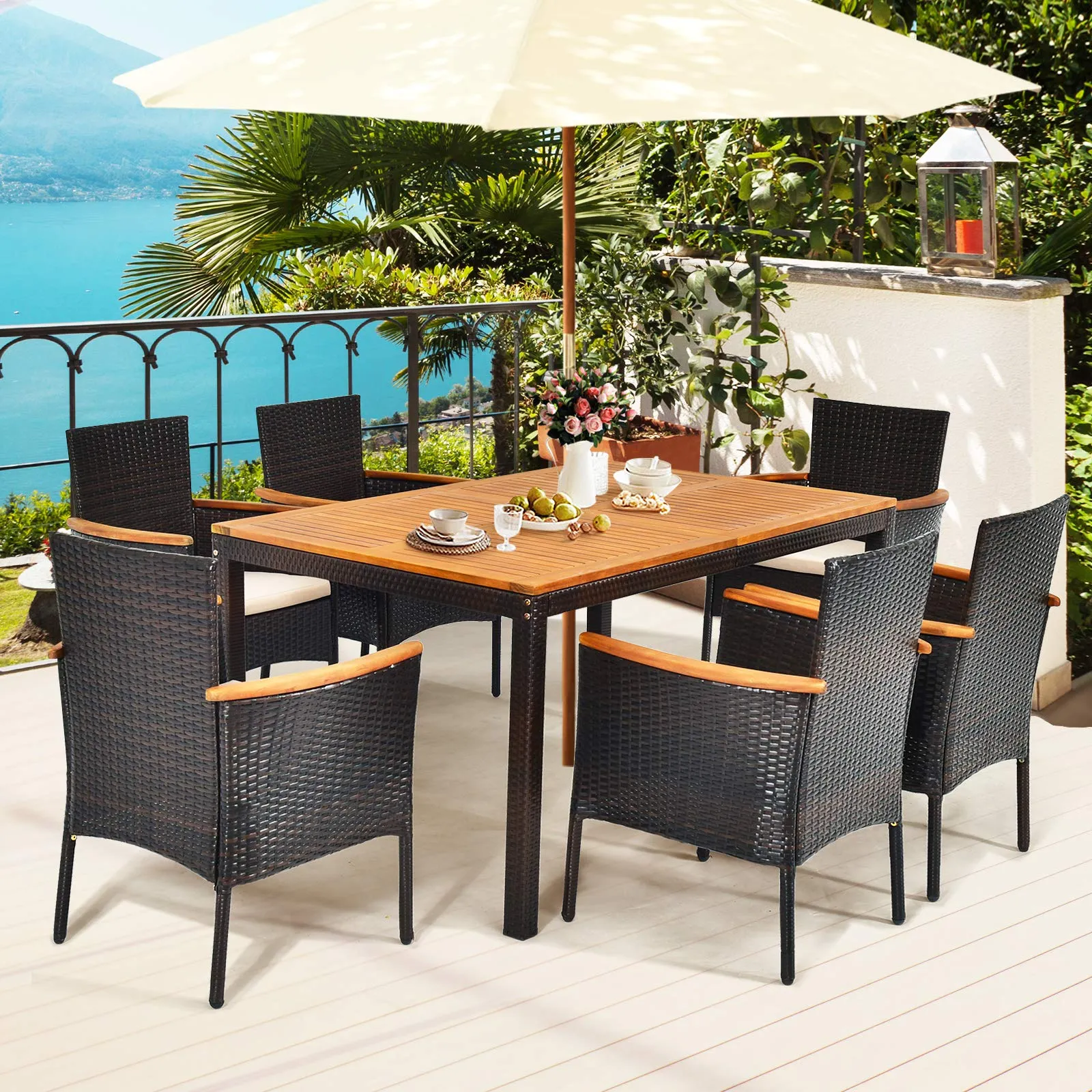 Tangkula 7 Pieces Patio Rattan Dining Set, Outdoor Conversation Set w/Acacia Wood Tabletop & Umbrella Hole, Stackable Chairs w/Soft Cushion