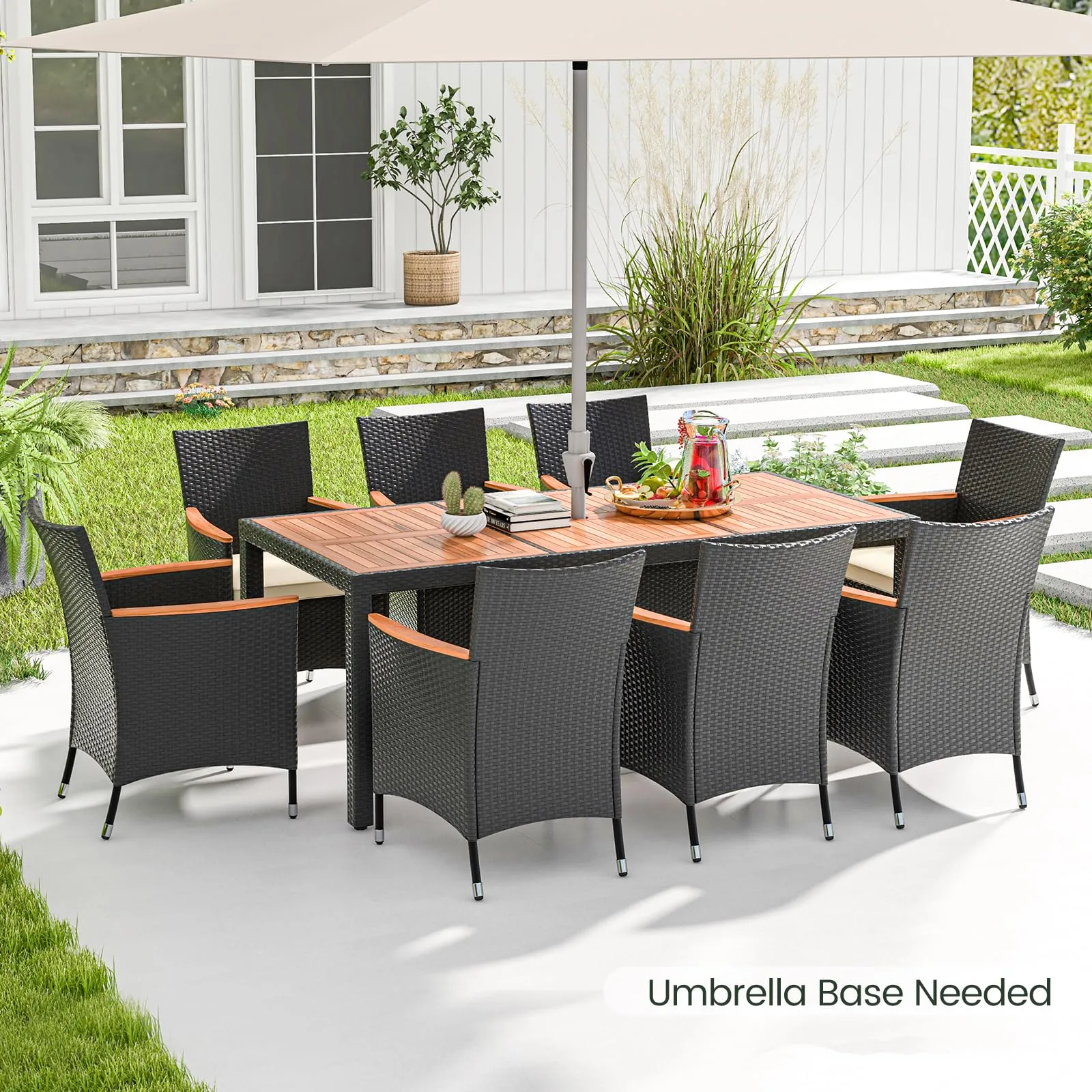 Tangkula 9 PCS Patio Dining Set for 8, Large Conversation Set with Umbrella Hole, Seat Cushion & Acacia Wood Tabletop