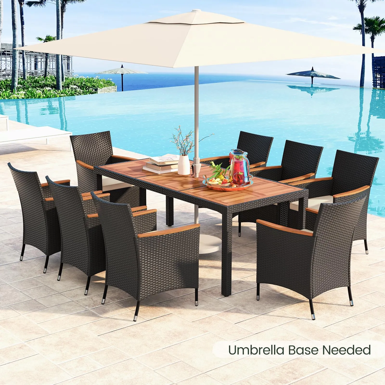 Tangkula 9 PCS Patio Dining Set for 8, Large Conversation Set with Umbrella Hole, Seat Cushion & Acacia Wood Tabletop