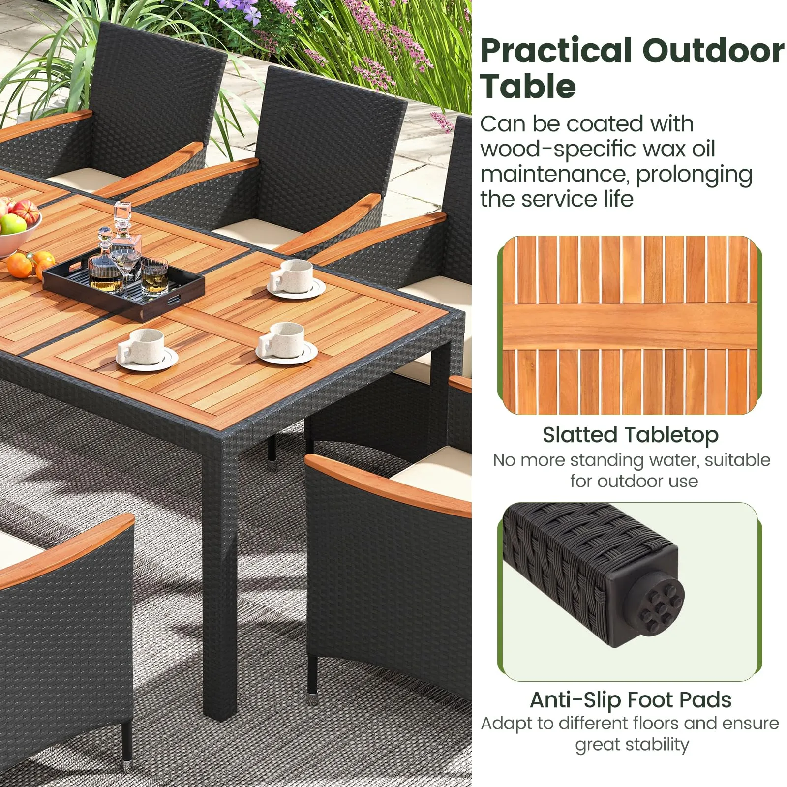 Tangkula 9 PCS Patio Dining Set for 8, Large Conversation Set with Umbrella Hole, Seat Cushion & Acacia Wood Tabletop