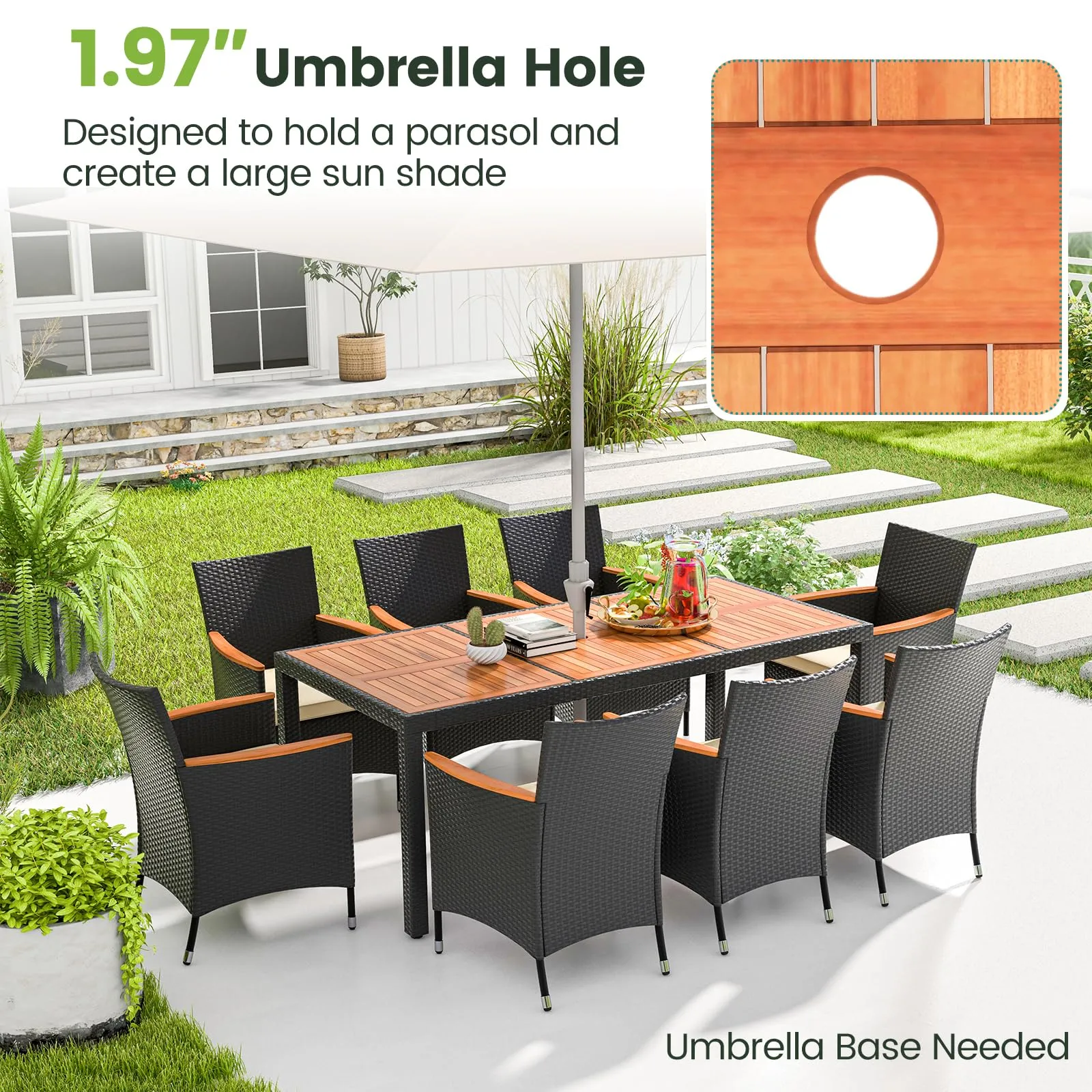 Tangkula 9 PCS Patio Dining Set for 8, Large Conversation Set with Umbrella Hole, Seat Cushion & Acacia Wood Tabletop