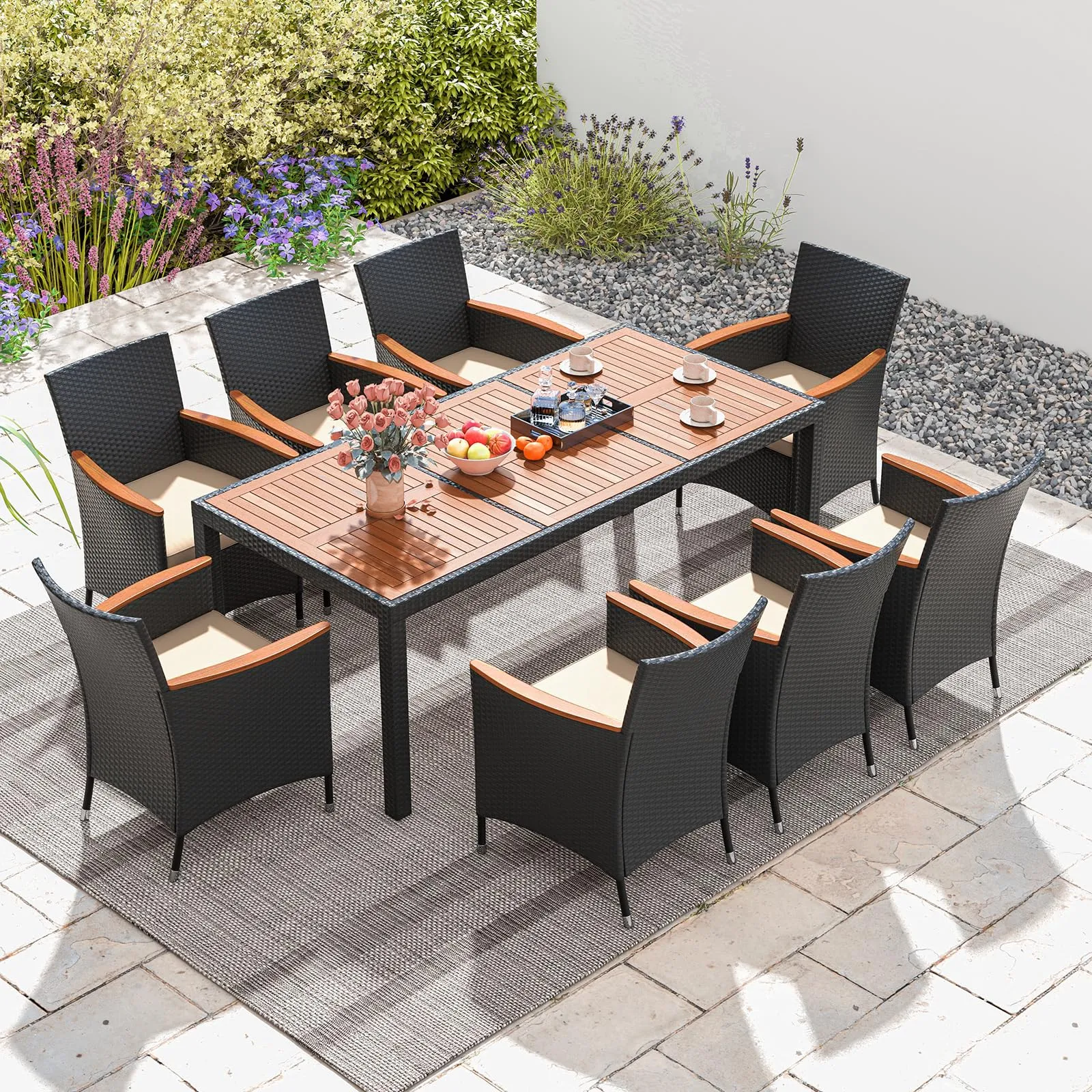 Tangkula 9 PCS Patio Dining Set for 8, Large Conversation Set with Umbrella Hole, Seat Cushion & Acacia Wood Tabletop